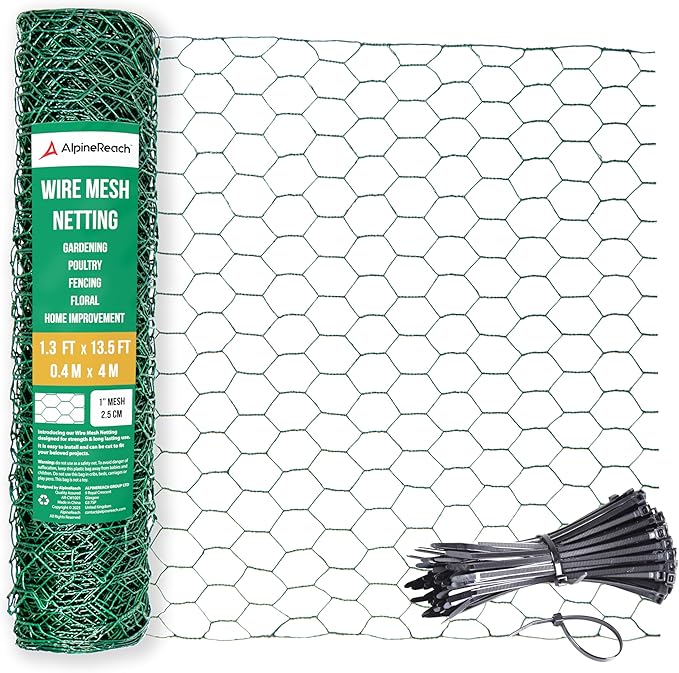 AlpineReach Chicken Wire 1.3ft x 13.5ft (15.6" x 162") for Floral Arrangements, Zip Ties - Green Mesh Roll Galvanized Hexagonal PVC Coated Garden Netting for Fencing, Crafts, Poultry, Gardening Fence