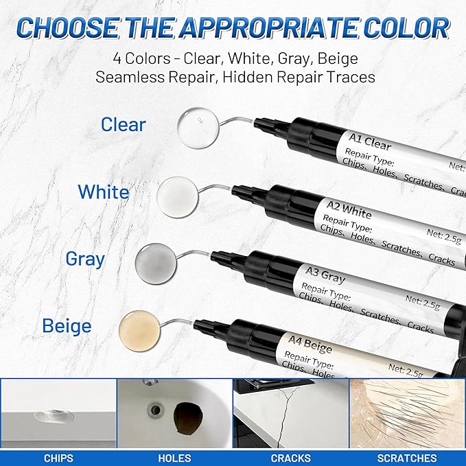 Quartz Countertop Repair Kit (Clear, White, Gray, Beige) 30s Fast Curing DIY Fix Luxury Stone, Granite Marble Acrylic Porcelain Fiberglass Quartz Countertop Chip Repair Kit for Cracks Holes Scratches