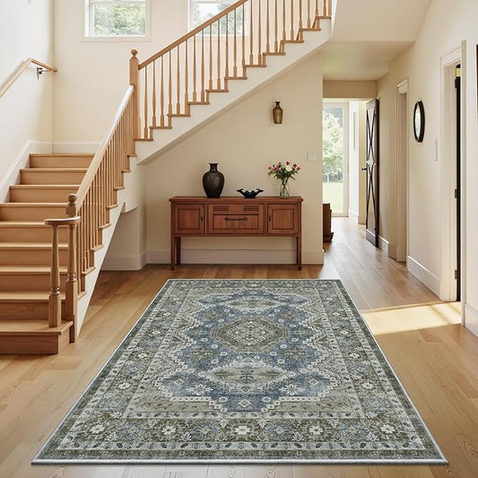 Rugland 3x5 Rug - Stain Resistant Washable Rug, Anti Slip Backing Rugs for Living Room, Vintage Tribal Area Rugs (TPR07-Green, 3'x5')