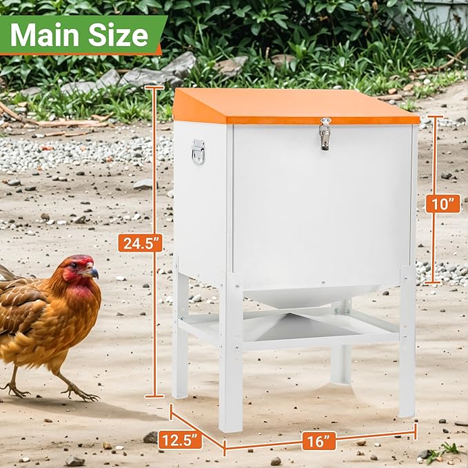 Chicken Feeder, 50LBS Capacity Metal Poultry Feeder (16” x 12.5” x 24.5”) for 10 Chickens, Powder-Coated Steel Feeder w/Waterproof Lid and Stainless Handles