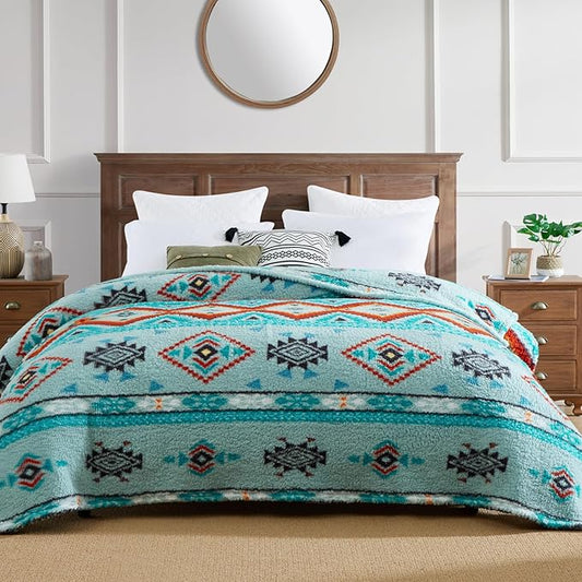 CASAAGUSTO Boho Sherpa Throw Blanket, Aztec Queen Blanket, Ultra Soft, Warm, Cozy, Plush, Thick Fleece Bohemian Throw Blanket for Couch, Bed, Sofa (Aqua 90 * 90 Inch)