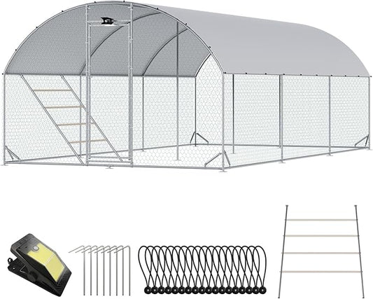 Chicken Coop Large Metal Chicken Run with Full-Top Waterproof Cover - Chicken House for 24/30 Chickens, Poultry Cage with Solar Light, Backside Poles, Walk-in Pen for Rabbits Ducks Yard 3 Room