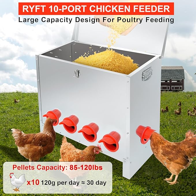 RYFT 85-120Lbs Chicken Feeder No Waste, 10-Port Automatic Large Galvanized Metal Fed Chicken with Latch & Handle for Chickens, Pheasants, Bantams Poultry Coop Weatherproof Chicken Feeder
