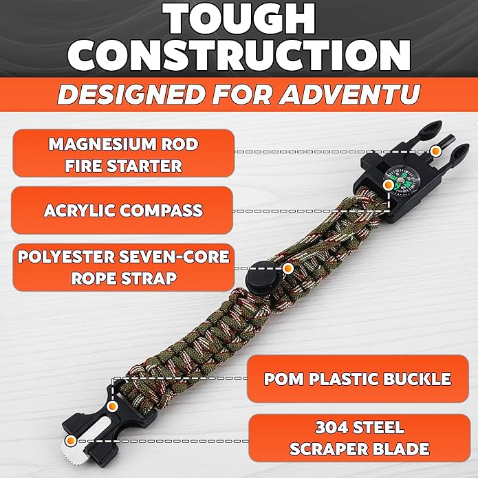 2Pack Survival Paracord Bracelet – 5-in-1 Adjustable Tactical Bracelet for Men with 10 ft Paracord, Flint Fire Starter, Compass, Whistle & Scraper – Survival Gear for Camping, Hiking, Fishing & Travel