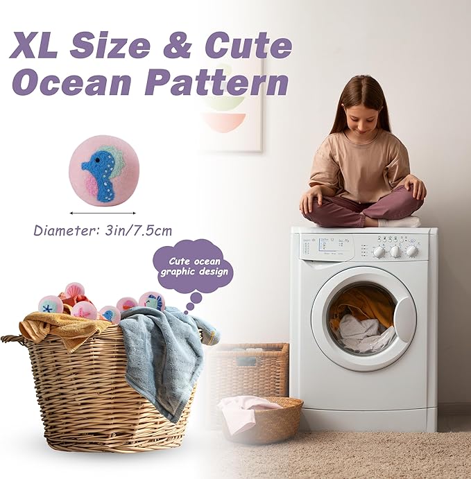 Wool Dryer Balls XL Size 6 Pack - Fun Dryer Balls with Ocean Pattern Cute Dryer Balls Laundry Reusable Anti Static Handmade New Zealand Wool Balls (Cute Ocean Pattern)