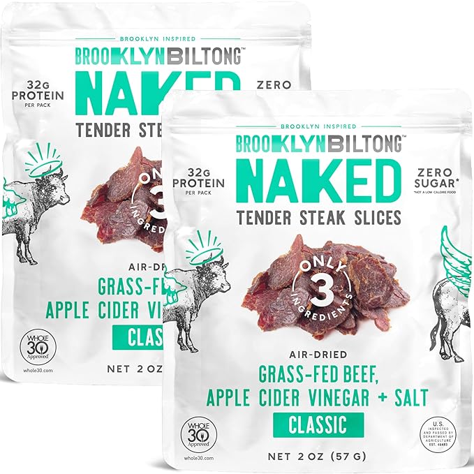 Brooklyn Biltong Carnivore Snack, Air Dried Grass Fed Beef, South African Beef Jerky (2 oz, Pack of 2) - AIP Approved, Paleo, Keto, Gluten Free, Only Salt, Water, and Vinegar, Made in USA - (Naked Classic)
