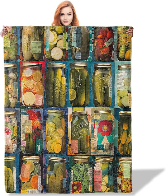Vintage Pickle Jar Pattern Throw Blanket 50"x60", Rustic Decor Blankets for Living Room, Cozy Flannel Polyester Pickle Gifts for Pickle Lovers Women