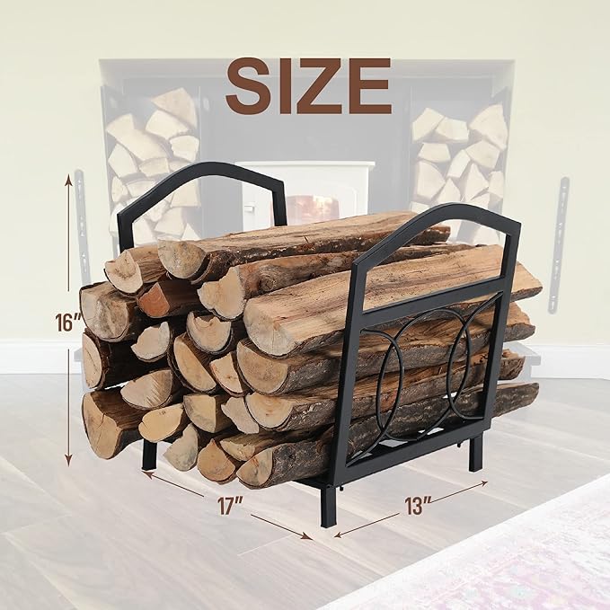 GREEN PARTY 17 Inch Small Firewood Rack Indoor/Outdoor Metal Firewood Holder, Decorative Fire Log Holder for Fireplace,Fire Pit,Heavy Duty Wood Rack,Wood Stove Accessories, 17" L X 13" W X 16" H