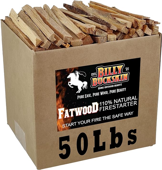 50lb Fatwood Fire Starter Sticks | 100% Natural Fire Starters for Fire Pit, Wood Stoves, Fireplaces & Bonfire | Easy Start w/Just 2 Sticks Burns in All Weather Conditions by Billy Buckskin (50lb Box)