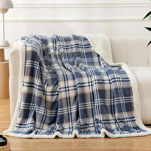 PU MEI Sherpa Blanket Queen Plaid Thick Bed Blanket, 80”*90” Super Soft Flannel Fuzzy Fleece Reversible Velvet Plush Warm Blanket for Couch (Blue White Check)