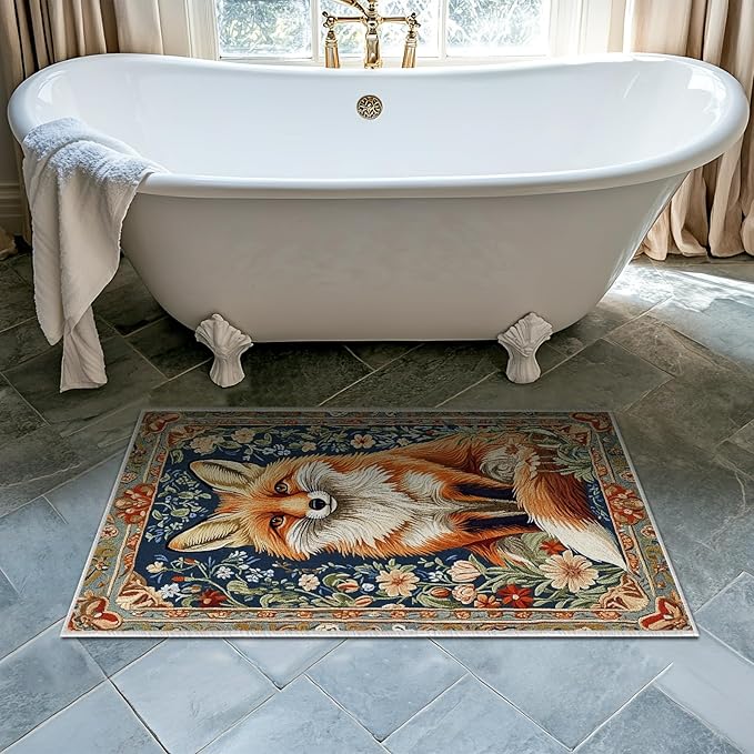 2x3 Fox Area Rugs Boho Floral Flower Rug for Bathroom Kitchen Entryway Indoor Soft Non-Slip Thin Hippie Carpet Small Doormat for Office Dining Room Under Table Washable Machine