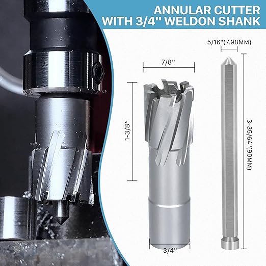 KEENTECH 2-PC Carbide-Tipped Annular Cutter Set, 7/8" Dia x 1-3/8" Depth, 3/4" Weldon Shank (2 Flat), High Speed Cutting TCT Mag Drill Bit with Pilot Pin for Harder Material