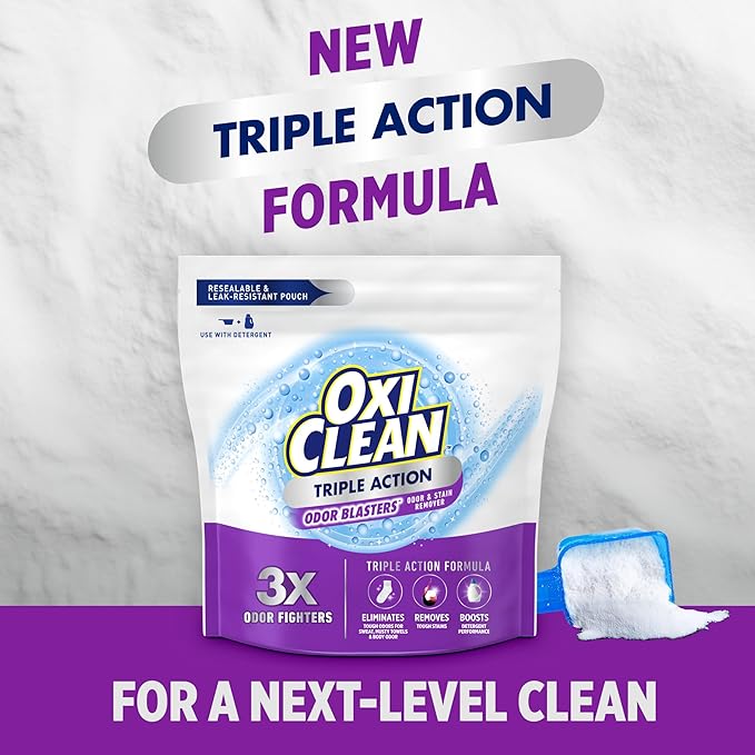 OxiClean Triple Action Odor Blasters Odor and Stain Remover Powder, Use with Detergent, Eliminates Tough Odors and Removes Stains, Color Safe and Chlorine Free, 6.5 lbs