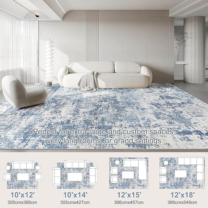 10x14 Area Rug Living Room Rugs - Washable Neutral Modern Abstract Soft Thin Rug Indoor Floor No Slip Rug Carpet for Bedroom Under Dining Table Home Office Decor - Blue White