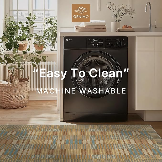 GENIMO Machine Washable 5x7 Area Rugs for Living Room, Non Slip Vintage Rugs, Low Pile Lightweight Chenille Print Rug for Bedroom, Dining Room, Home Office, Brown Clay