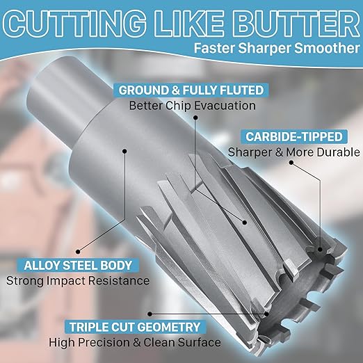 KEENTECH Carbide-Tipped Annular Cutter, 1" Diameter x 1-3/8" Depth, 3/4" Weldon Shank (2 Flat), High Speed Cutting TCT Mag Drill Bit with Pilot Pin for Harder Material, Stainless Steel, Cast Iron