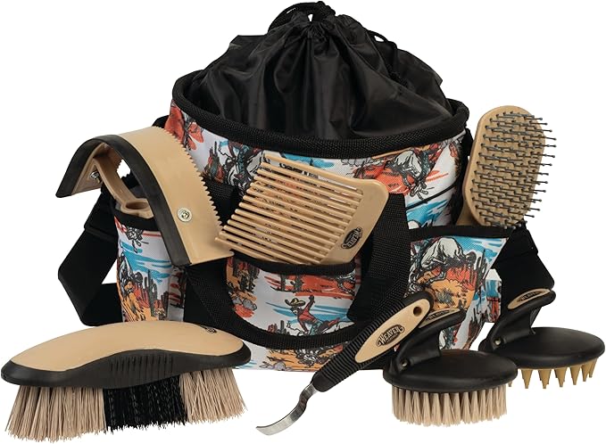 Weaver Leather Horse Grooming Kit, 7-piece Brush Set with Organizer Tote Bag, Equine Care, Horse Track Room Equipment, Grooming Supplies, Bucking Bronc