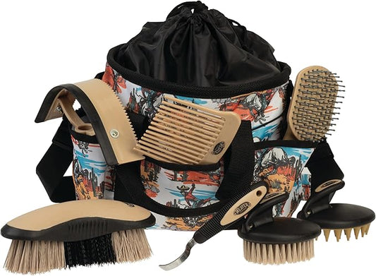 Weaver Leather Horse Grooming Kit, 7-piece Brush Set with Organizer Tote Bag, Equine Care, Horse Track Room Equipment, Grooming Supplies, Bucking Bronc