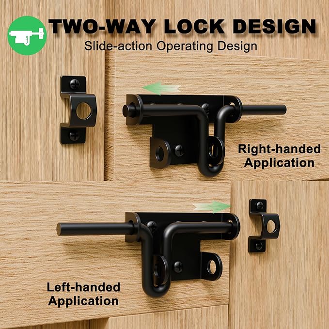 Heavy Duty Slide Bolt Gate Latch for Wooden Fence, 2 Way Barn Door Latch with Padlock Hole, Offset and Flush Mounted Gate Latch for Outdoor Gates/Yard Fence/Shed Door, Black, 2 Pack