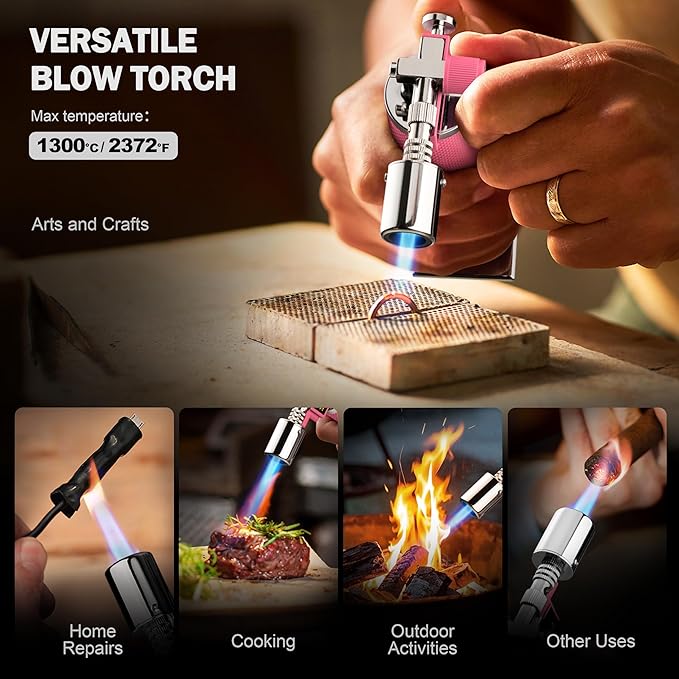 RAVS Butane Torch, Metal Pink Torch Lighter with Adjustable Flame, Food Torch for Baking, BBQ, Desserts, Christmas Stocking Stuffers Gifts for Women, Butane Fuel Not Included