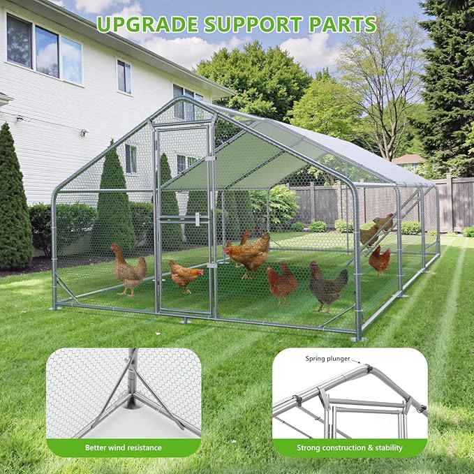 Large Chicken Coop,Metal Chicken Run for Yard with Feeding Door,Walk-in Chicken Pen for 20-30 Chickens,Outdoor Poultry Cage with Anti-UV Cover,Duck Rabbit House