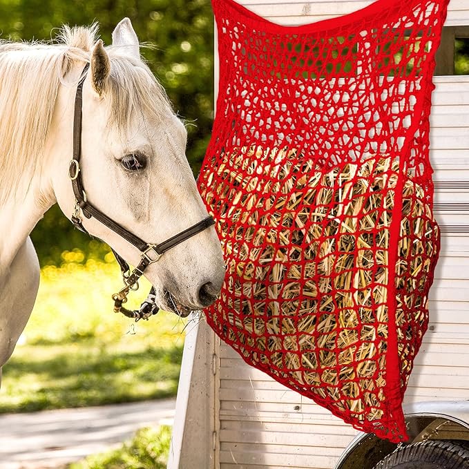 Fabbay 2 Pcs Slow Feed Hay Net Hay Feeder Bags for Horses Goat Stall Trailer Horse Feeding Supplies(35 x 31 Inch,Red)