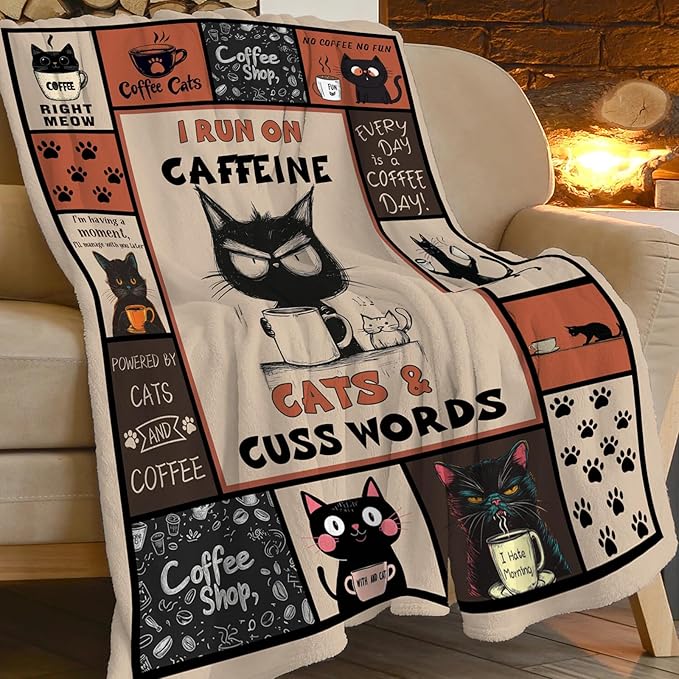 Coffee Blanket, Black Cat Coffee Throw Blanket, Cafe Gifts Blankets Stuff Fleece Flannel Plush for Girls Women Men Boys Lovers Adults Soft Bedding Gift for Sofa Bed Office Home Decor 60"x50"