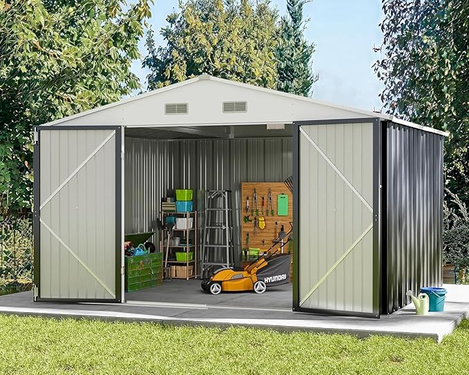 Greesum 10x8FT Outdoor Storage Shed, Utility Tool Shed Metal Storage Garden Shed with Door & Lock for Patio Storage, Gray