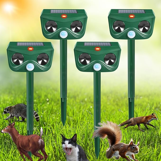 4 Pack Ultrasonic Animal Repellent Cat Repellent Outdoor Solar Animal Deterrent Deer Repellent Devices Motion Activated Scare Cat Dog Skunk Deer Rabbit Squirrel Mouse for Garden Yard