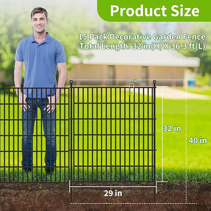 15 Panels No Dig Garden Fence, 32 in(H) X36.3 ft(L) Metal Fence Panels, Thickened Rustproof Garden Fencing, Animal Barrier Fence for Dogs, Rabbits, and Patio