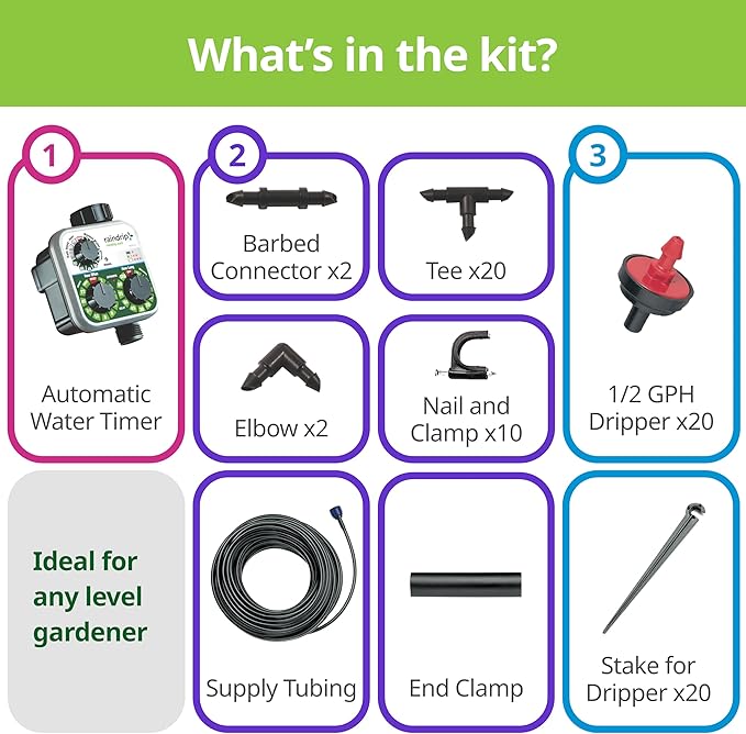 Raindrip R560DP Drip Watering System, Automatic Drip Irrigation System with Timer for Containers and Hanging Baskets, Waters up to 20 Plants, Includes 20 Drippers, Black