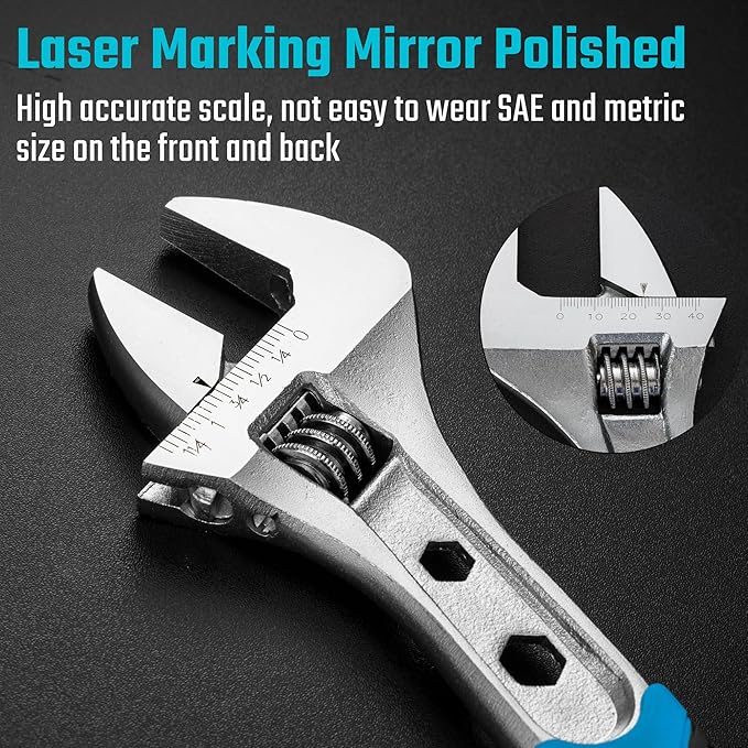 DURATECH 10 Inch Adjustable Wrench, 3-in-1 Spanner with Box End/Hex Function, CR-V Steel, Metric & SAE Scales, Chrome-plated, Bi-material soft Grip