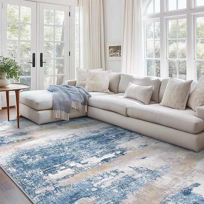 GENIMO Washable Area Rugs for Living Room, 8x10 Modern Non Slip Rugs, Low Pile Lightweight Soft Print Rug for Bedroom, Dining Room, Home Office, Blue Cream