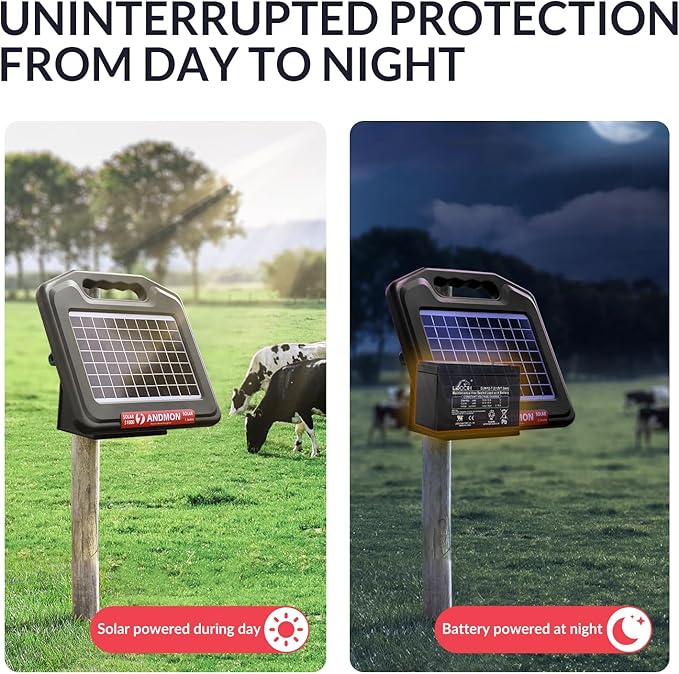 S1000 1 Joule Solar Fence Charger, 40 Miles Solar Electric Fence Charger for Livestock, Horses, Cattle Sheep, Portable and Super Tough