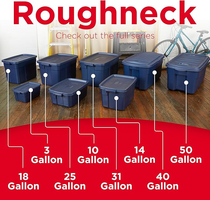 Rubbermaid Roughneck Tote 18 Gal, 6 Pack, Made in USA, Dark Indigo Metallic, Rugged Plastic Stackable Storage Bins with Lids and Handles