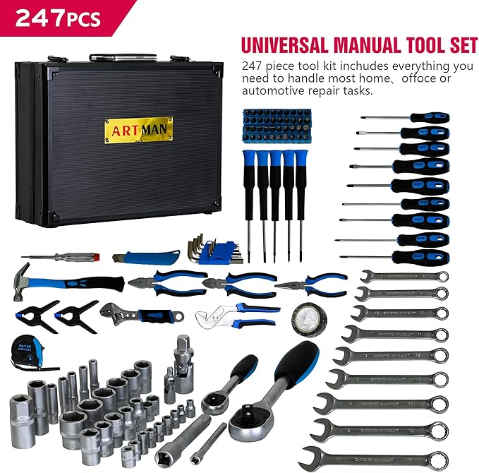 247 Piece Tool Kit, Basic Home Maintenance Tool Set, Machinery Tool Set for Homeowner, Apartment, Office, Mechanic, Men, Car, and as A Gift