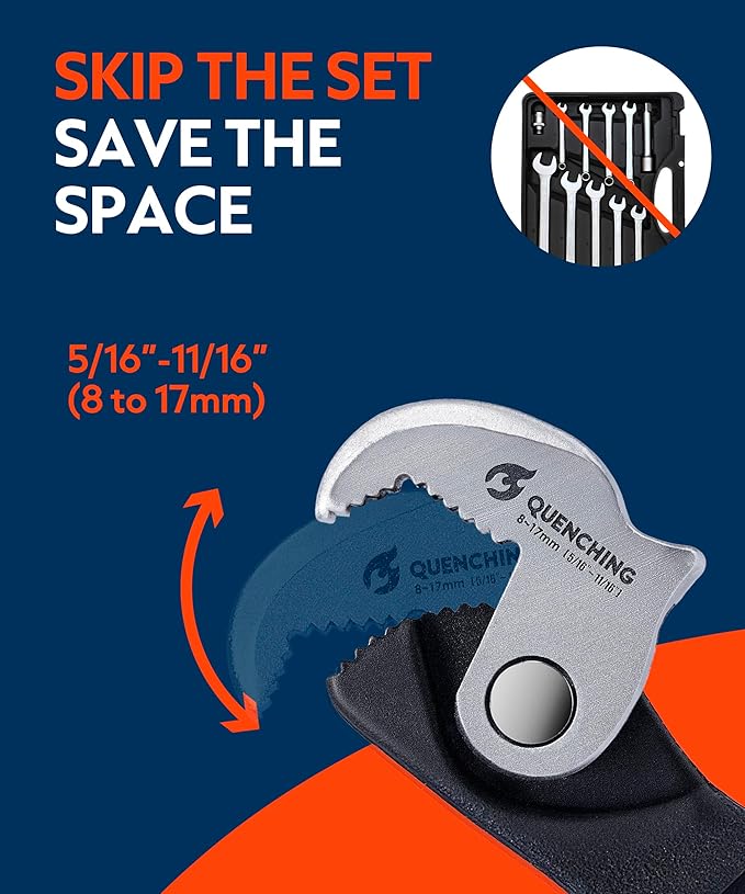 Self Adjusting Crowfoot Wrench, 7.5" Auto Jaw 5/16" to 11/16", 8 to 17 mm, Rust Resistant & Power Grip, Space-Saving Alternative to Wrench Sets for Car and Home Repairs