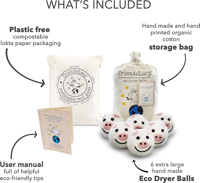 Friendsheep Wool Dryer Balls, Organic Reusable Fabric Softener Alternative for Laundry, Handmade, Fair Trade, Hypoallergenic, Eco-Friendly, Plastic-Free (6 Pack XL – Pig- Piggy Band)