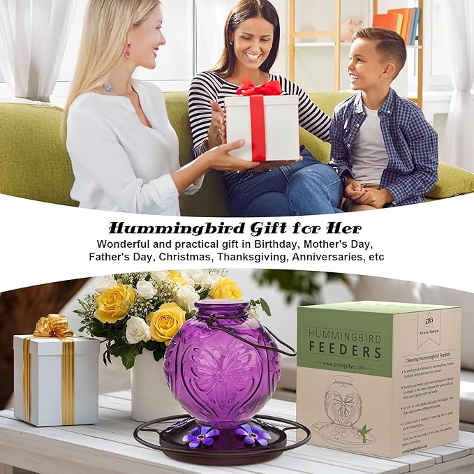 Glass Hummingbird Feeder for Outdoors Hanging, 25Oz Humming Bird Nectar Feeders with Perch & 5 Flower Feeding Ports, Leak Proof for Outside Garden Decor, Gifts for Women (Purple)