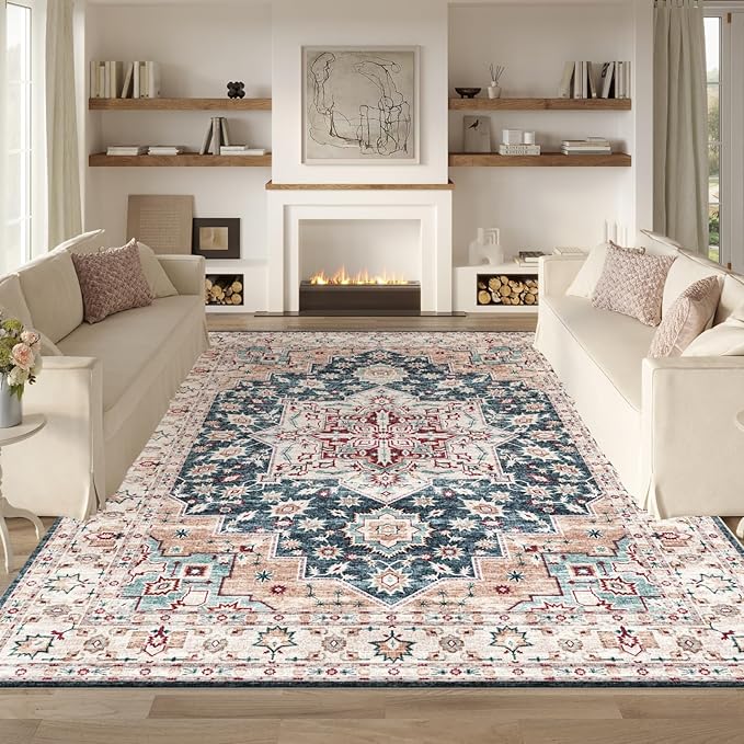 Area Rug 5x7 Living Room Rugs,Machine Washable Rug,Stain Resistant Soft Thin Floral Carpet,Blue Boho Vintage Home Decor,Indoor Non-Slip Rugs,for Bedroom,Office,Farmhouse,Dining