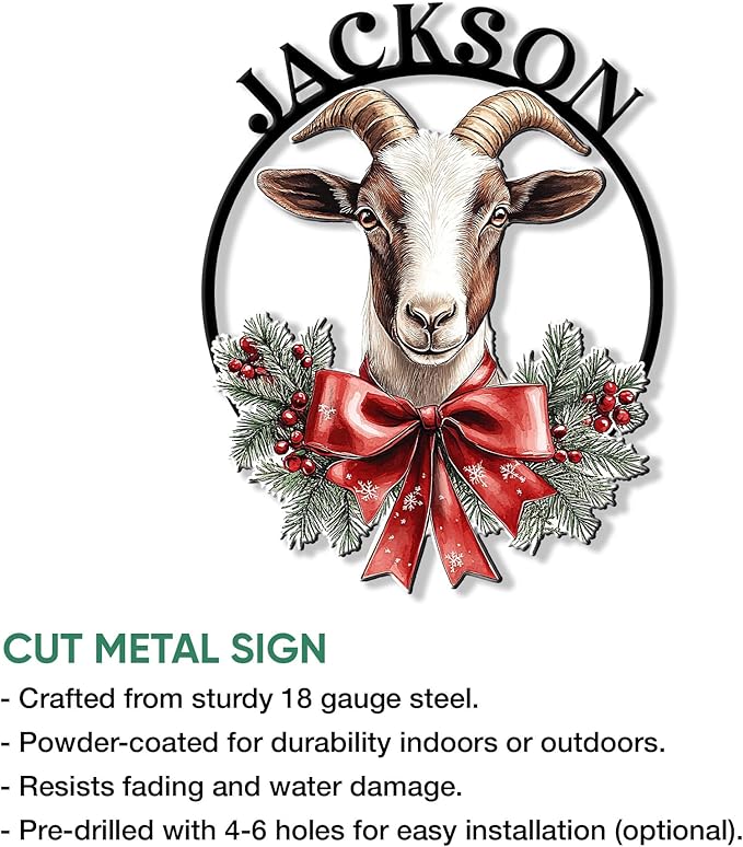Custom Goat Christmas Metal Sign – Personalized Name Wall Decor for Porch Yard, Barn, Farmhouse, or Home – Funny Holiday Gift for Animal Lover, Mom, Dad, Farmer, or Neighbor