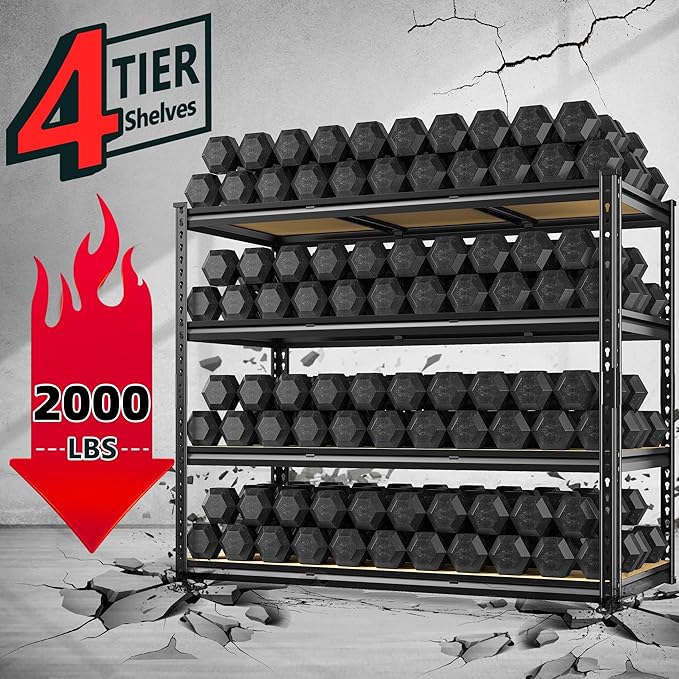 REIBII 48" W Garage Shelving Heavy Duty, 2000LBS Storage Shelves, 4 Tier Adjustable Metal Shelves for Garage Shelving Sturdy Industrial Shelf, Easy Assemble, 48" W x 60" H x 18" D