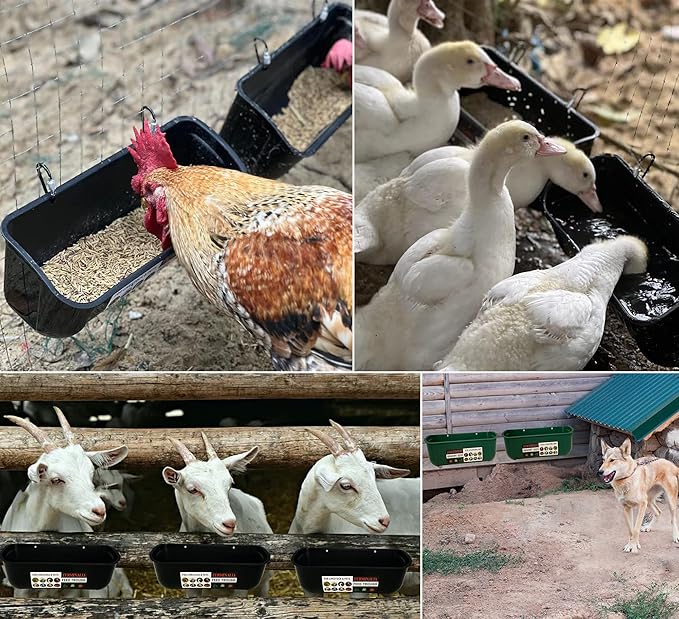 2 Pack Duck Chicken Feeder | Hanging Fence Feed Trough | Goose Turkey Water Trough with Clips | Livestock Feeding Container | Poultry Bucket | 5 Quarts in Total| Green