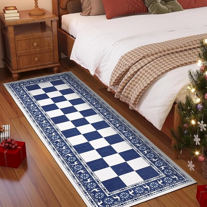 GarveeHome Blue 2x6 Runner Rug, Washable Rug for Christmas Decor, Indoor Non Slip Carpet, Checkered Soft Low Pile Christmas Rugs for Kitchen, Entryway, Living Room, Bedroom