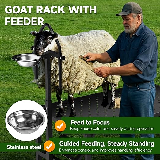 Goat Milking Stand with a Ramp, Metal Goat Stand with Feed Bin, 600LBS Livestock Trimming Stand with Height Adjustable, Sturdy Sheep Stand for Goats and Lambs, Black.
