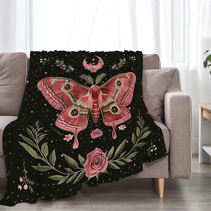 Moth Moon Rose Blanket Witchy Vintage Butterfly Decor Throw Blanket Comfy Plush Flannel Fleece Warm Soft Fluffy Fuzzy Blanket Gothic Gifts for Girls Boys Women Teens for Room Bed Sofa Couch 50"X60"
