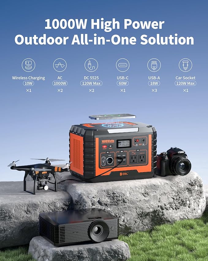 EBL Portable Power Station 1000W, 999Wh Solar Generator 2000W Peak, AC/Wireless Charging/60W USB-C Output, Lithium Battery for Emergency, Home Backup, Camping, RV, Off-Grid Living