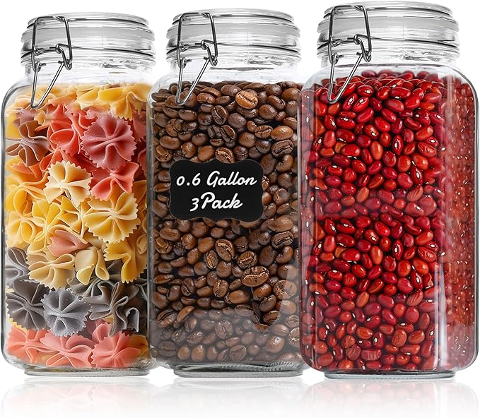 ComSaf Airtight Glass Jars with Lids 0.6 Gallon Set of 3, Food Storage Canister Square-Storage Container with Clear Preserving Seal Wire Clip Fastening for Kitchen Canning Flour, Cereal, Pasta, Bean