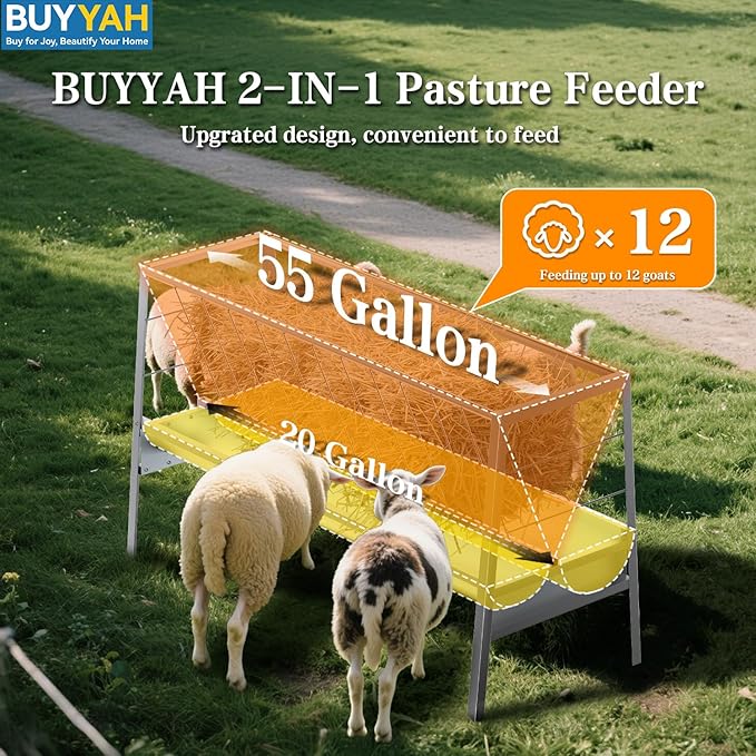 5 Ft Pasture Feeder, 77 Gallon Capacity Livestock Feeder with Deeper Feeding Pan, All Steel Frame, Easy to Assemble and Carry, Feeding Goats, Sheep and Miniature Horses, for Farms, Sheep Sheds