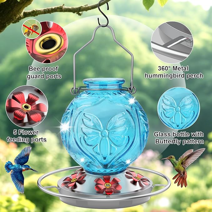 Glass Hummingbird Feeder for Outdoors Hanging, 25Oz Humming Bird Nectar Feeders with Perch & 5 Flower Feeding Ports, Leak Proof for Outside Garden Decor, Gifts for Women (Blue)
